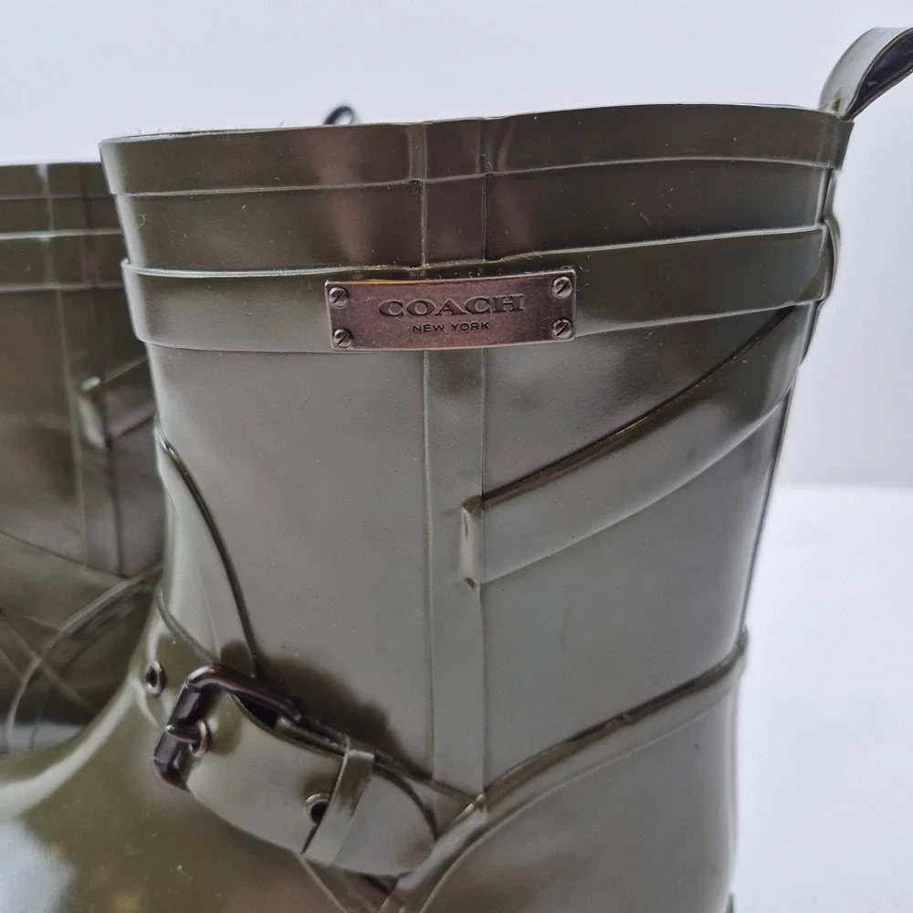 Coach Lester Olive Green Rubber Rain Boots Mid Calf Buckle EU 40 US 9